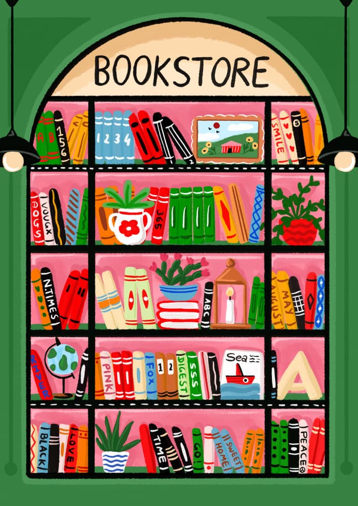 Charming Bookstore Shelf by Nidhi Kachhadiya — canvas wall art