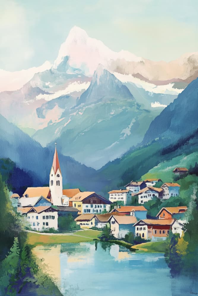 Alpine Village Lakeside by Melloi Art Prints — canvas wall art
