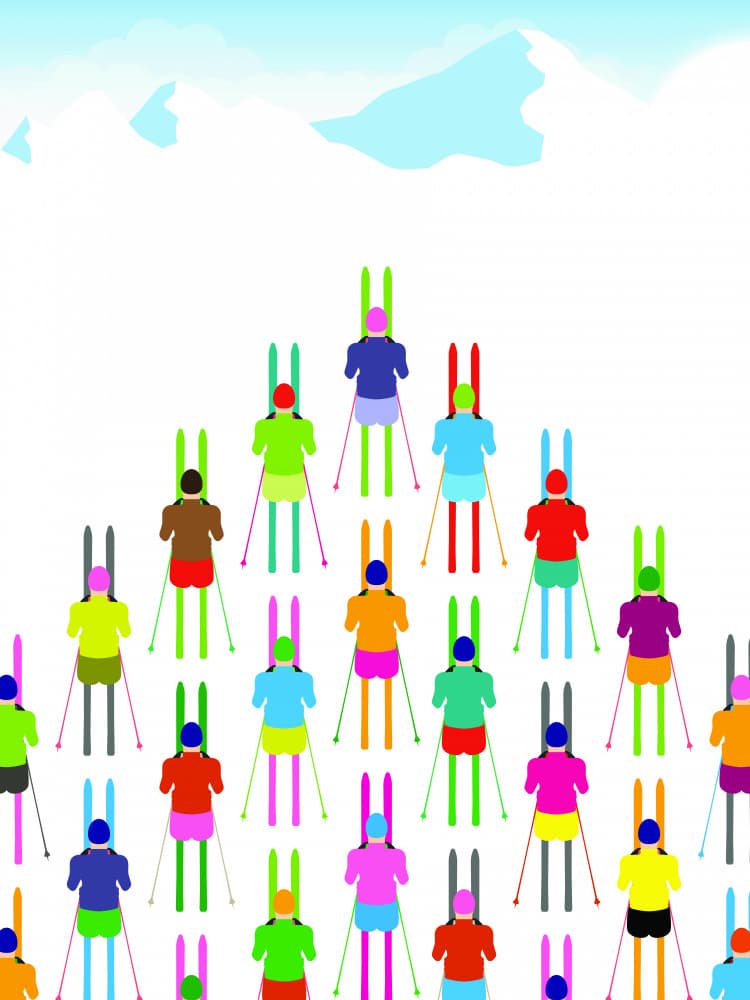 Colorful Skiers Descending by WallChart Art Studio — canvas wall art