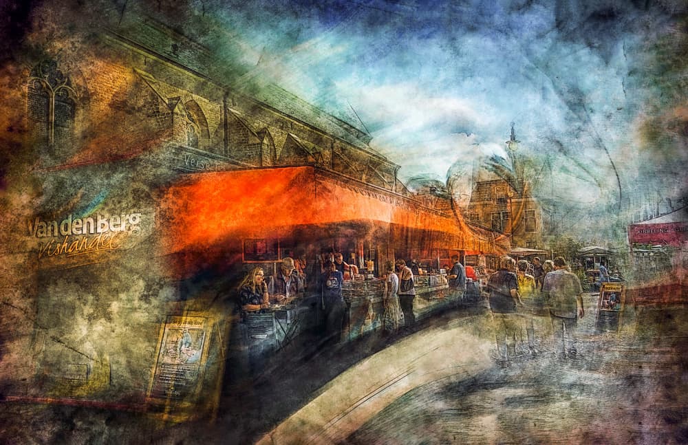 Busy Vintage Cafe Street by Jan van der Linden — canvas wall art