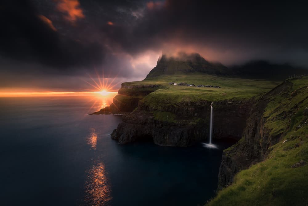 Coastal Waterfall Sunset by Karol Nienartowicz — canvas wall art