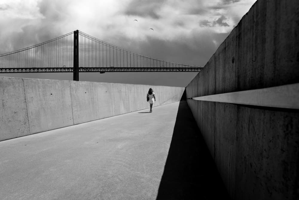 Lone Figure Urban Bridge by Jorge Pimenta — canvas wall art
