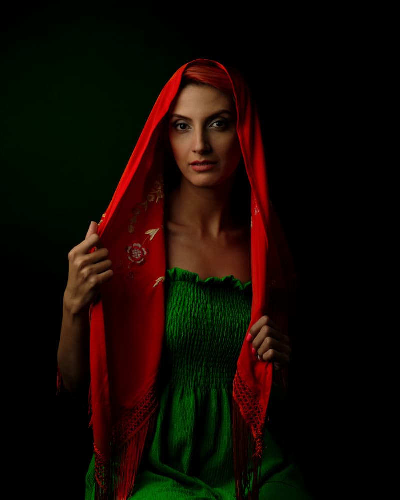 Intense Red Scarf Portrait by Mehdi Mokhtari — canvas wall art