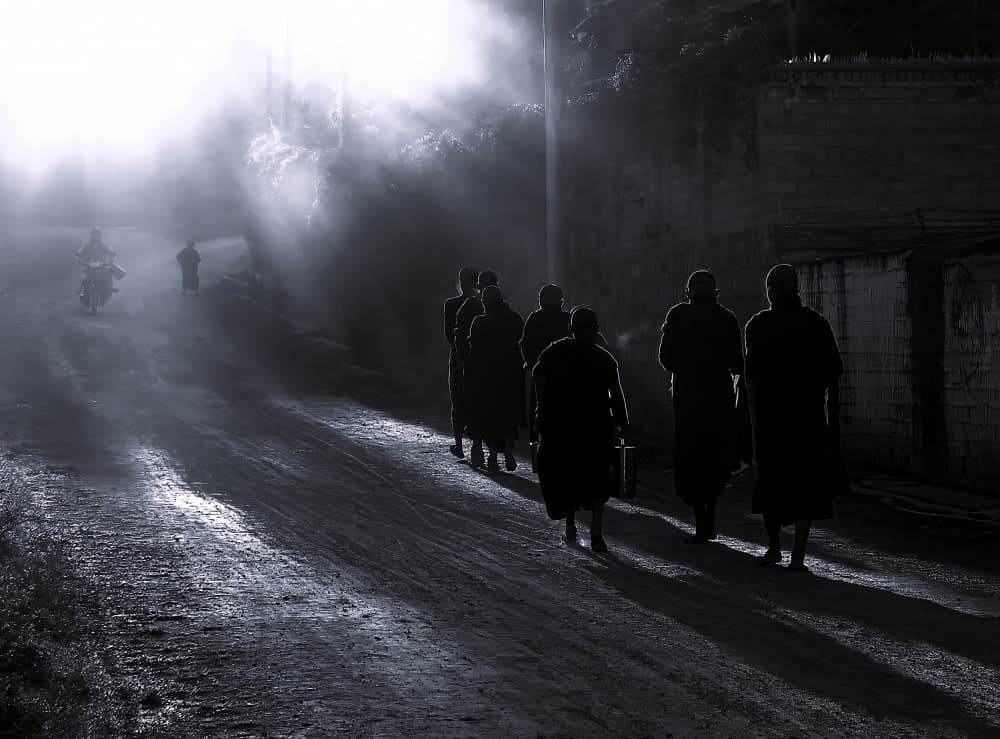 Misty Morning Monks by Giorgio Pizzocaro — canvas wall art