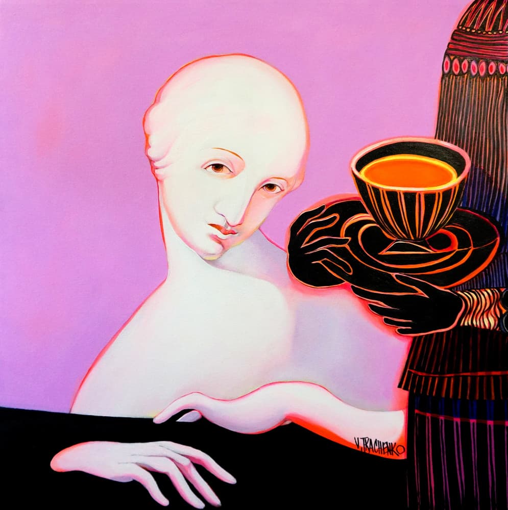 Pink Woman with Tea by Victor Tkachenko — canvas wall art