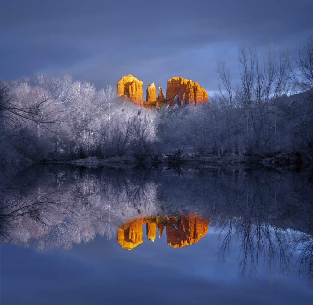 Winter Red Rock Reflection by John-Mei Zhong — canvas wall art