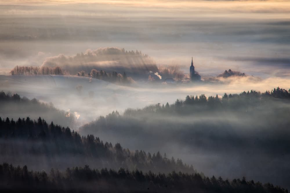 Misty Winter Church by Joško Šimic — canvas wall art