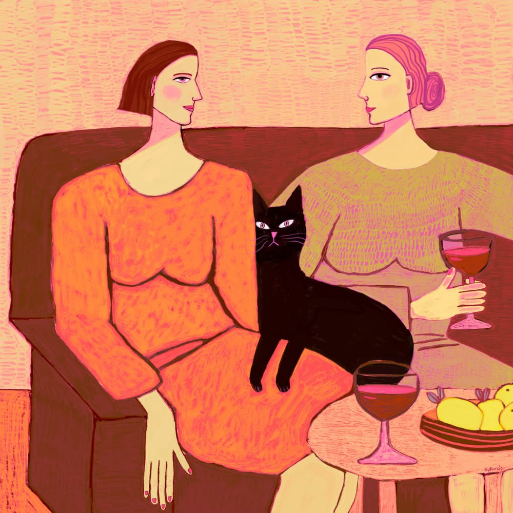 Time to wine down with black cat by Sharyn Bursic — canvas wall art