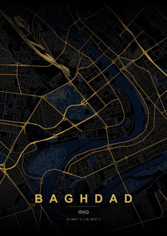 Baghdad Golden Night Map by HUGO — canvas wall art