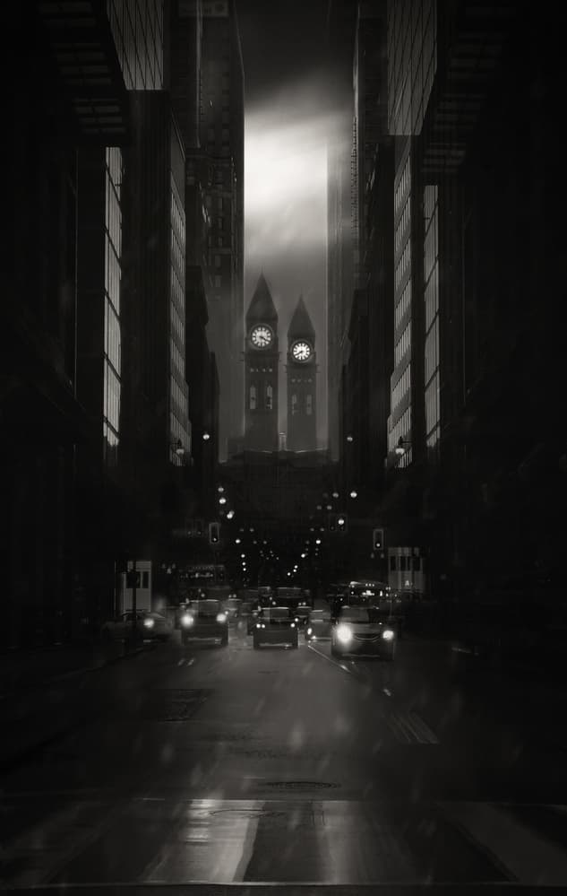 Dark City Clock Towers by Larry Deng APA — canvas wall art