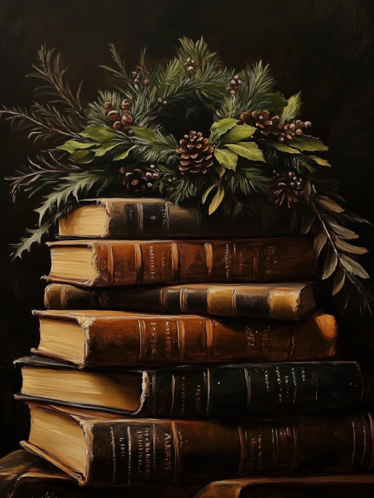 Vintage Books Christmas Wreath by Jolly and Dash — canvas wall art
