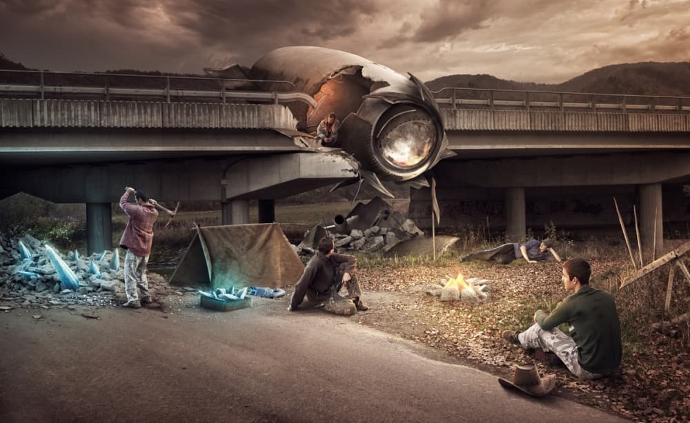 Crashed Spaceship Camp by Peter Cakovsky — canvas wall art