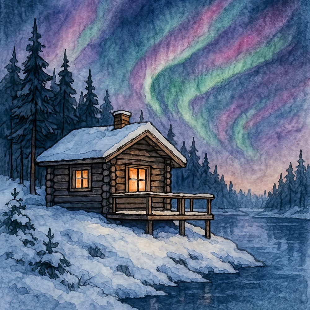Snowy Cabin Northern Lights by Natalie Bruns — canvas wall art