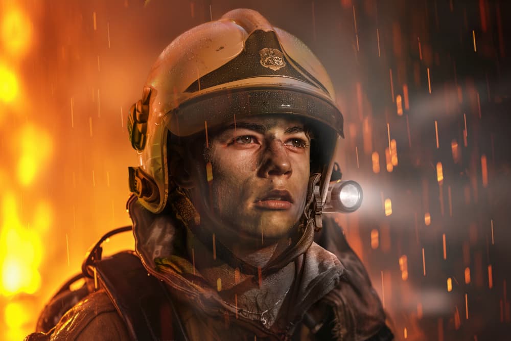 Firefighter's Courageous Gaze by Marcel Egger — canvas wall art