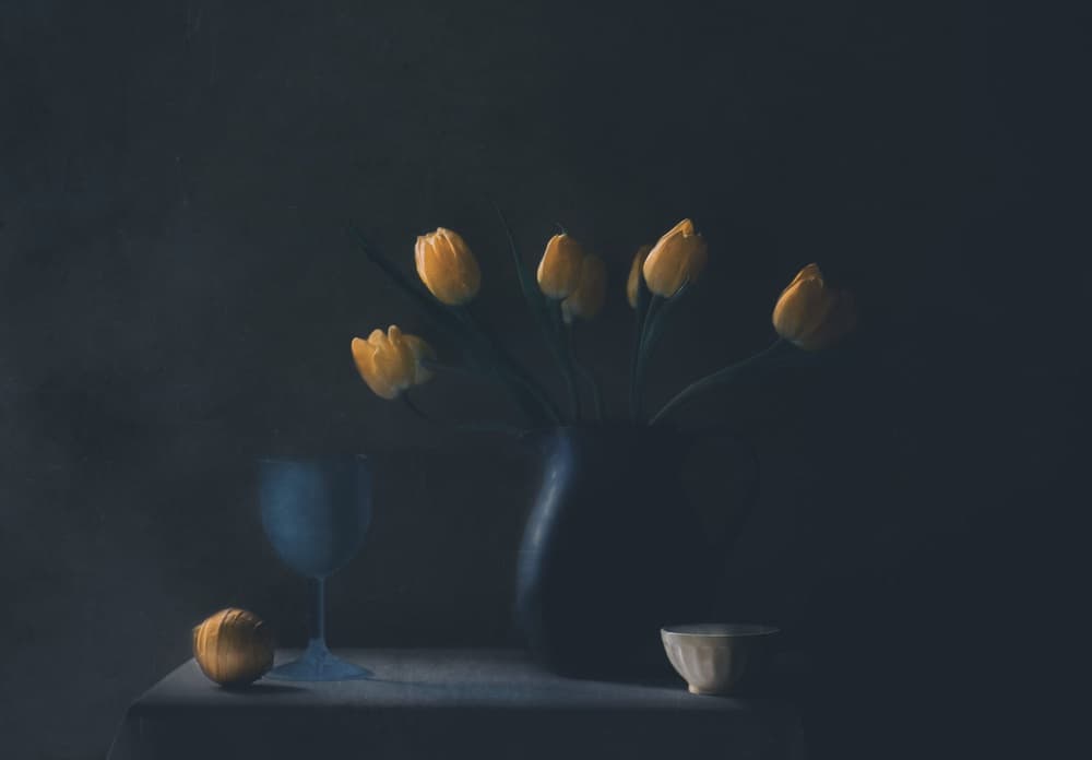 Moody Yellow Tulips Still Life by Delphine Devos — canvas wall art