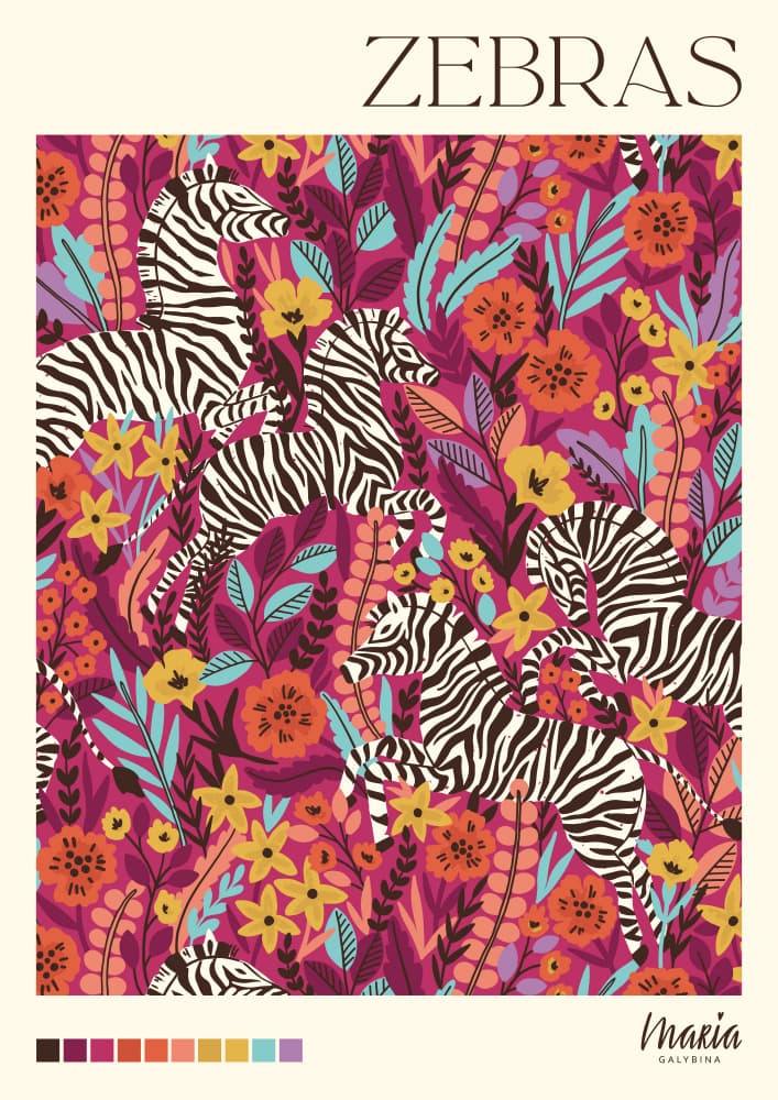 Jungle Zebras Floral by Maria Galybina — canvas wall art