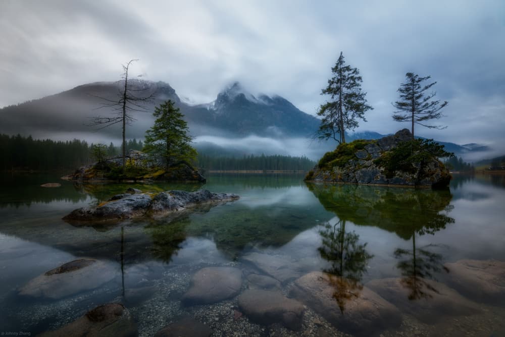 Misty Mountain Lake Reflections by Johnny Zhang — canvas wall art