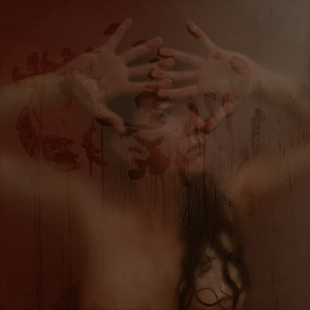 Red Hands on Steamed Glass by michel genève — canvas wall art