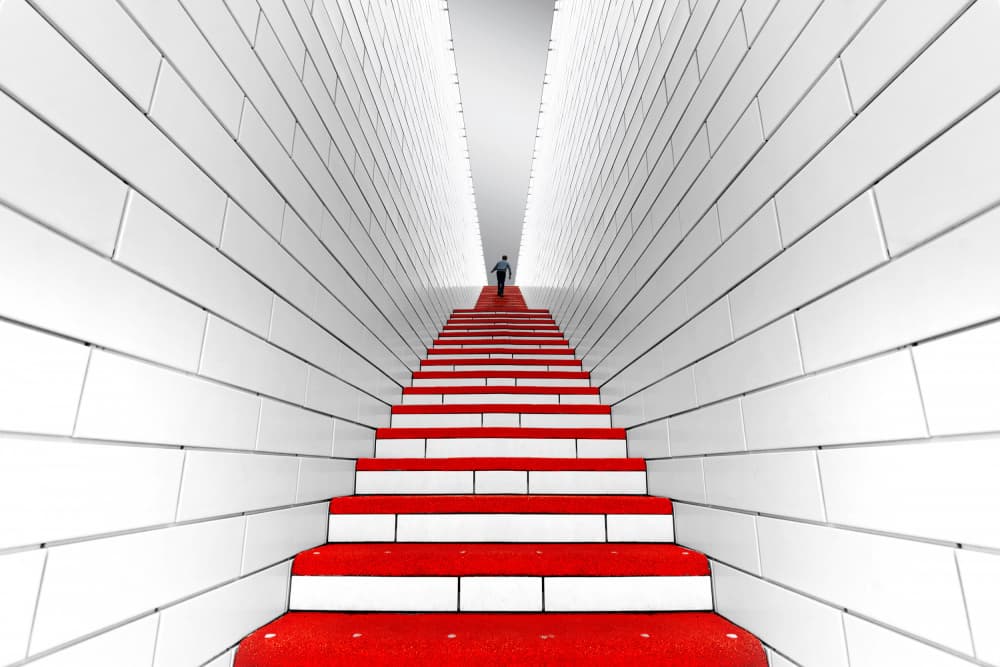 Red Stairway Upward by Jorge Pimenta — canvas wall art