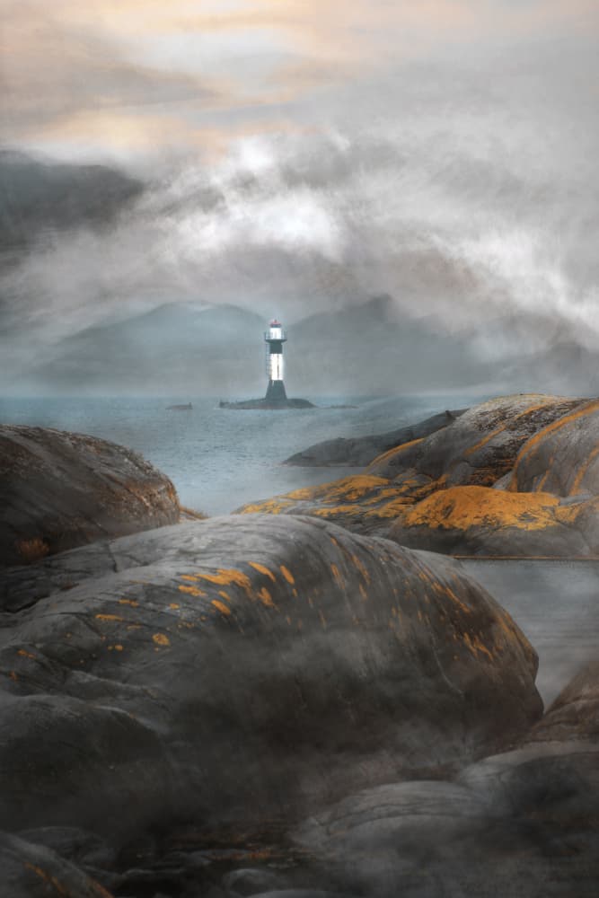Misty Lighthouse Shore by Christina Sillen — canvas wall art