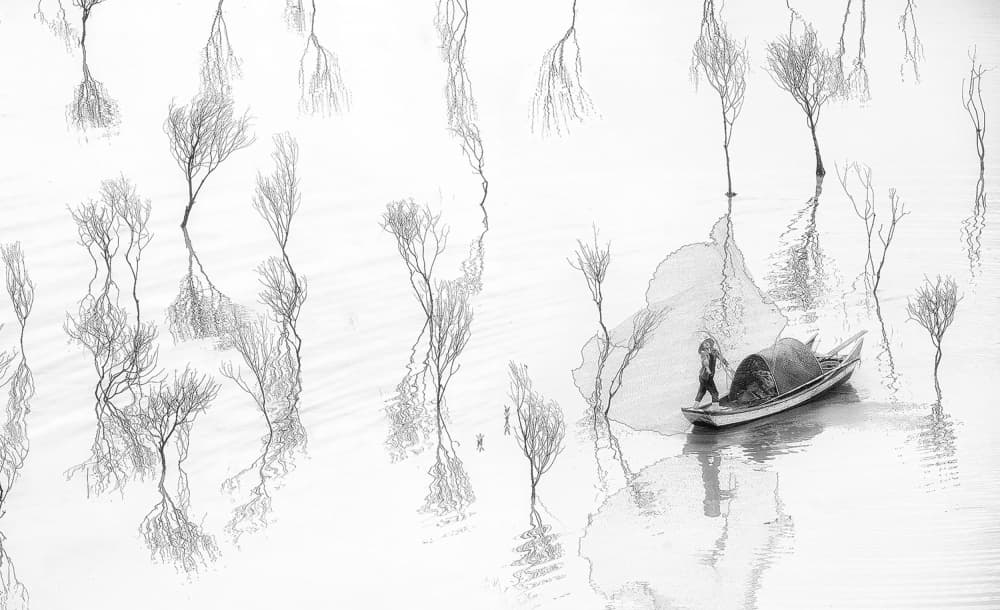 Monochrome Fishing Reflections by ANNA AN — canvas wall art