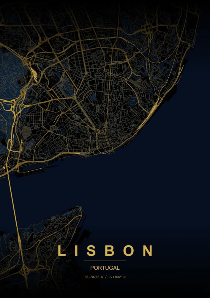 Golden Lisbon Map by HUGO — canvas wall art