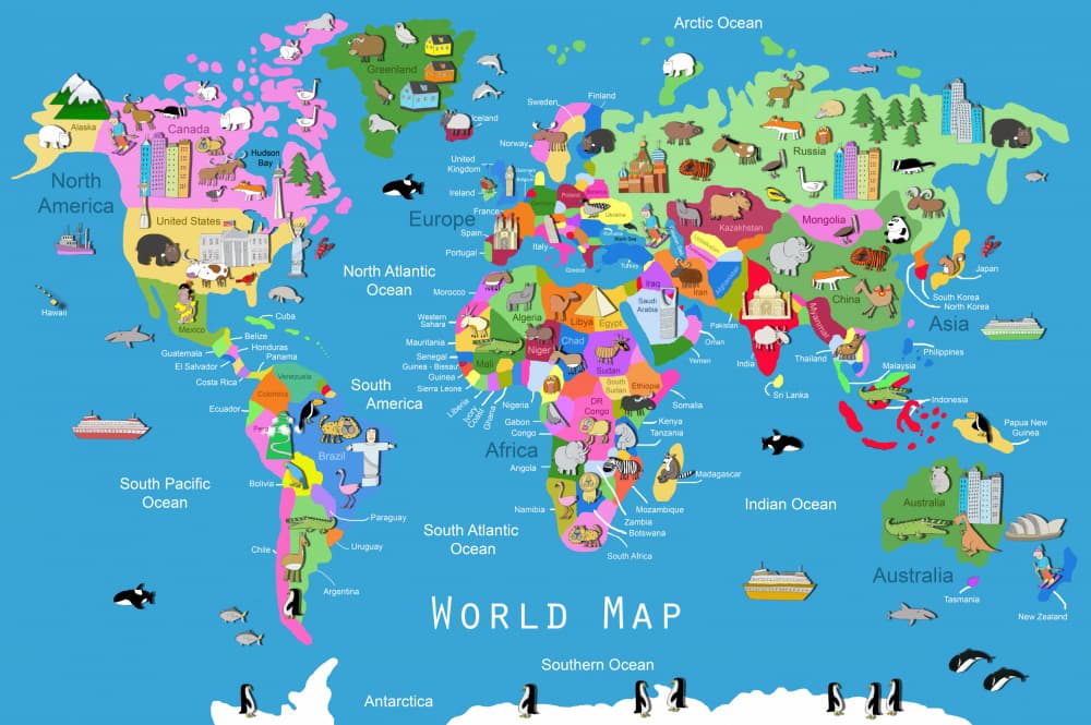 Fun Animal World Map by Carla Daly — canvas wall art
