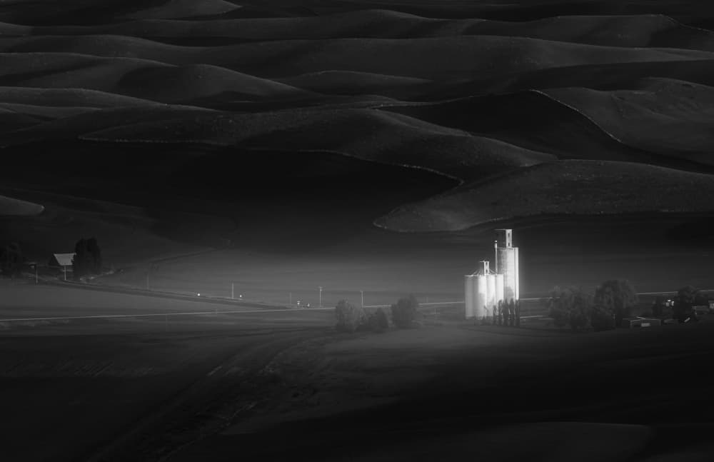 Misty Farm Silos by James Lu — canvas wall art