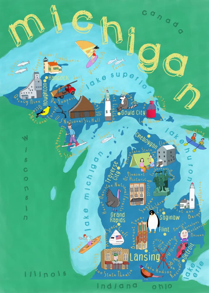 Michigan Illustrated Map by Carla Daly — canvas wall art