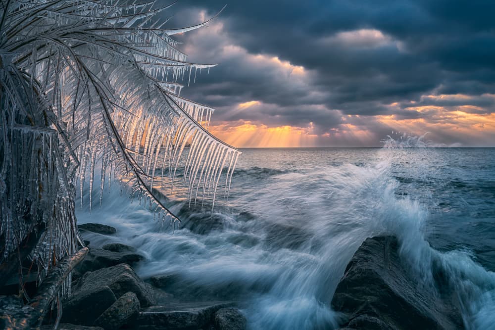 Icy Shoreline Sunrise Waves by Ben.C.L — canvas wall art