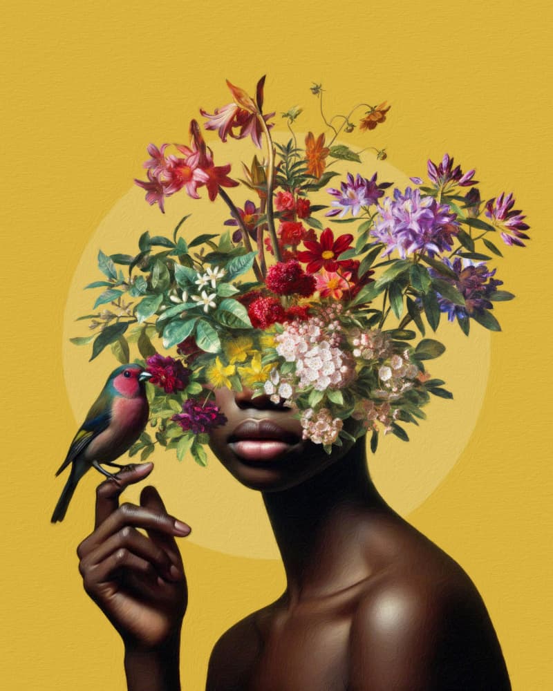 Floral Dreamer with Bird by Marja van den Hurk — canvas wall art