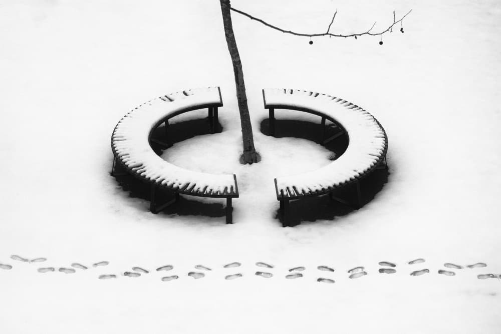 Snowy Park Benches by Marius Cinteza — canvas wall art
