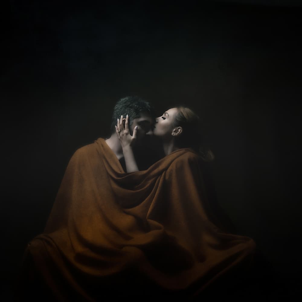 Romantic Draped Embrace by Moein Hasheminasab — canvas wall art