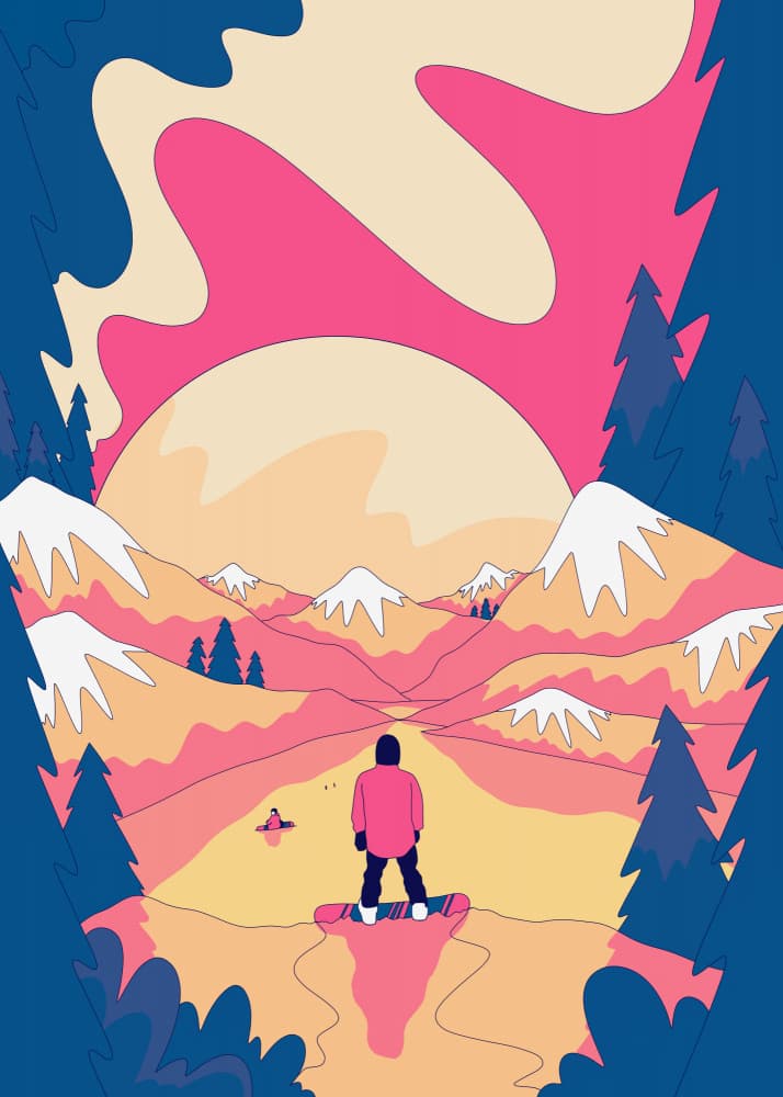 Snowboarder Sunset Mountains by Stephen Wade — canvas wall art