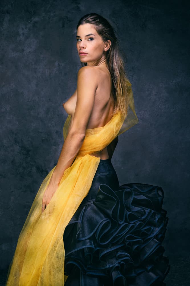 Poised Woman Golden Fabric by Joan Gil Raga — canvas wall art