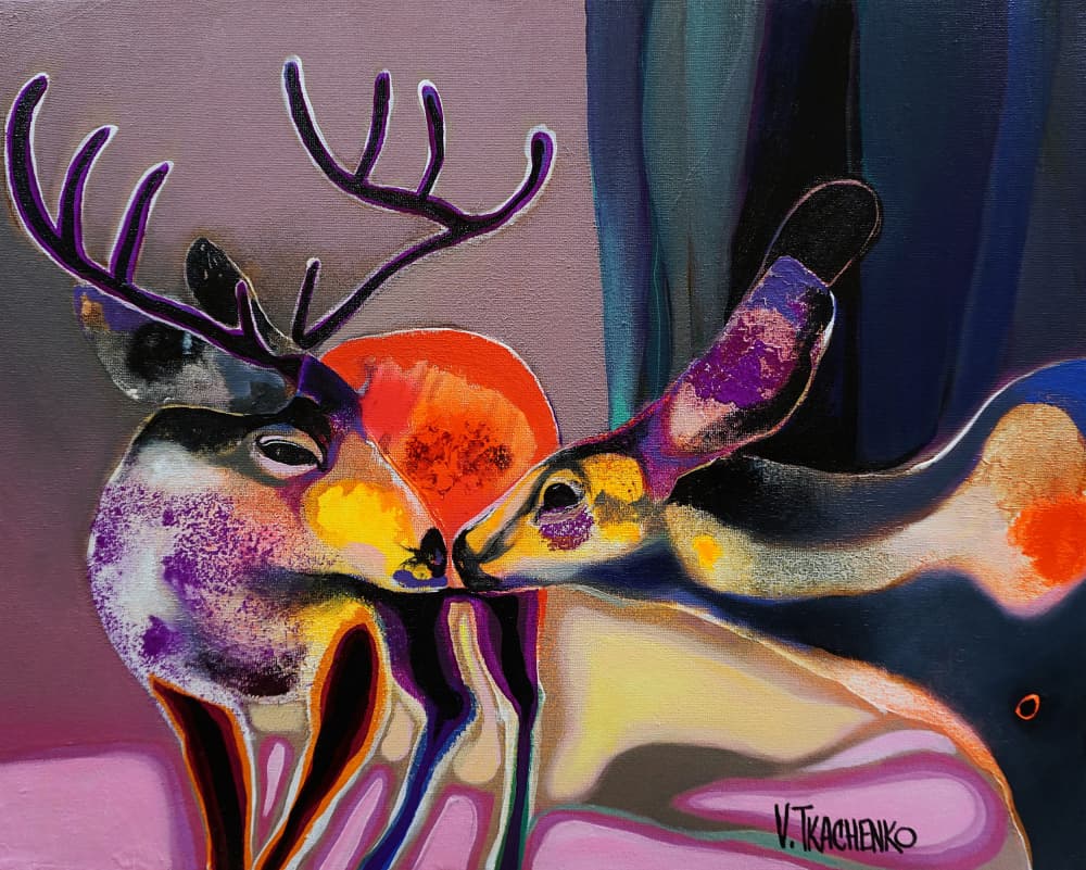 Colorful Loving Deer by Victor Tkachenko — canvas wall art