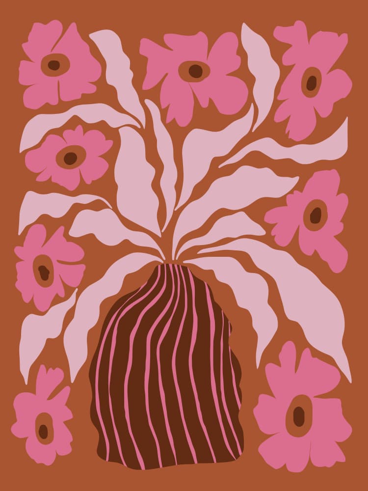 Pink Flowers Brown Vase by Miho Art Studio — canvas wall art