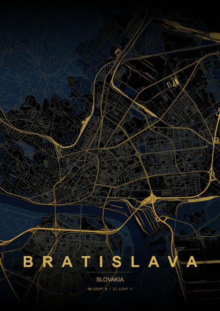 Bratislava Gold City Map by HUGO — canvas wall art