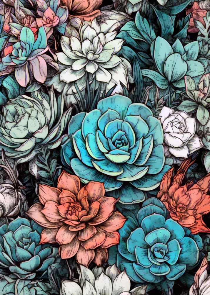 Teal and Coral Succulents by Justyna Jaszke — canvas wall art