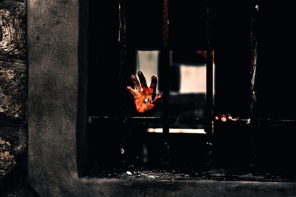 Bloody Hand Behind Bars by RABIA BASHA ARTIST — canvas wall art