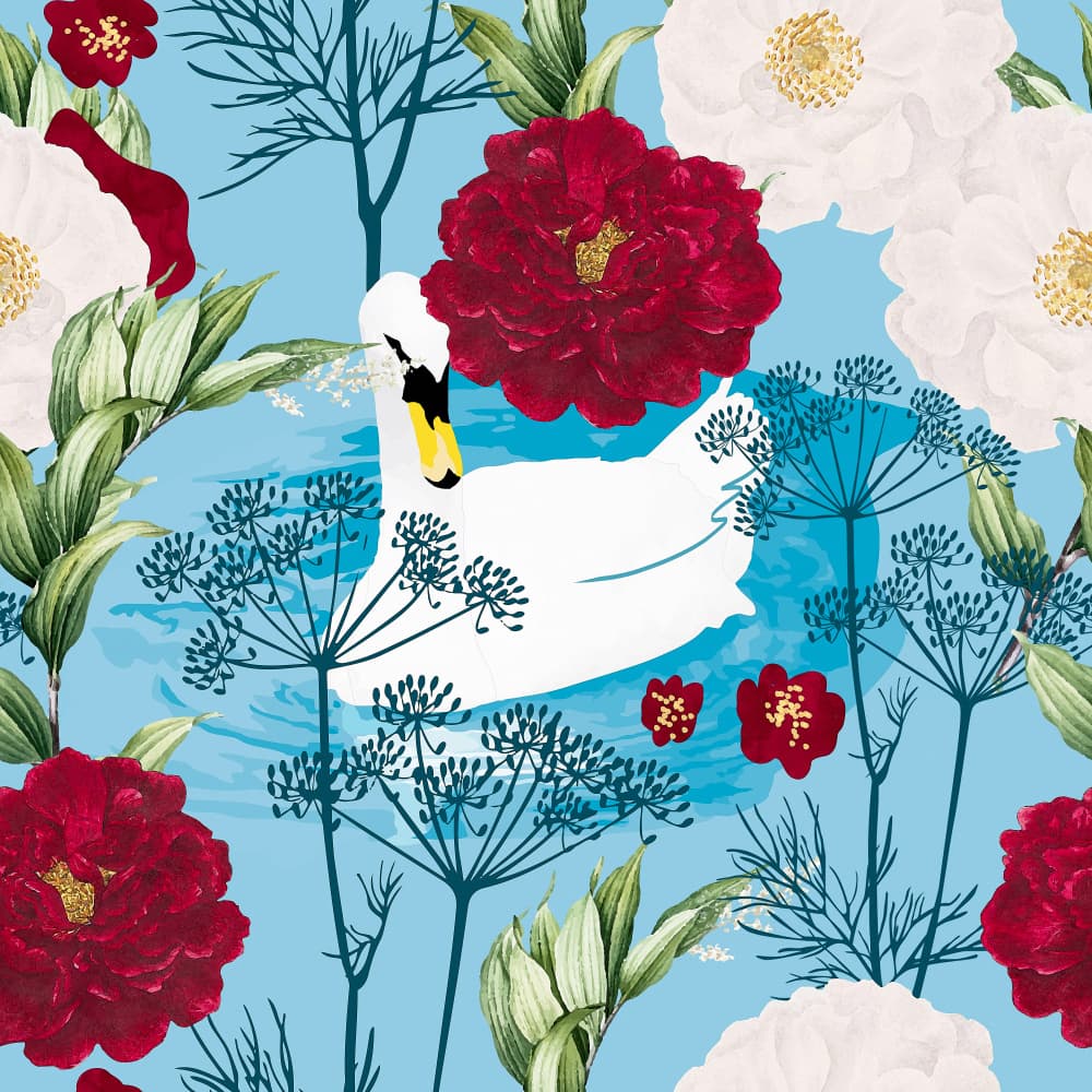 Elegant Swan Floral Pond by Uma Gokhale — canvas wall art