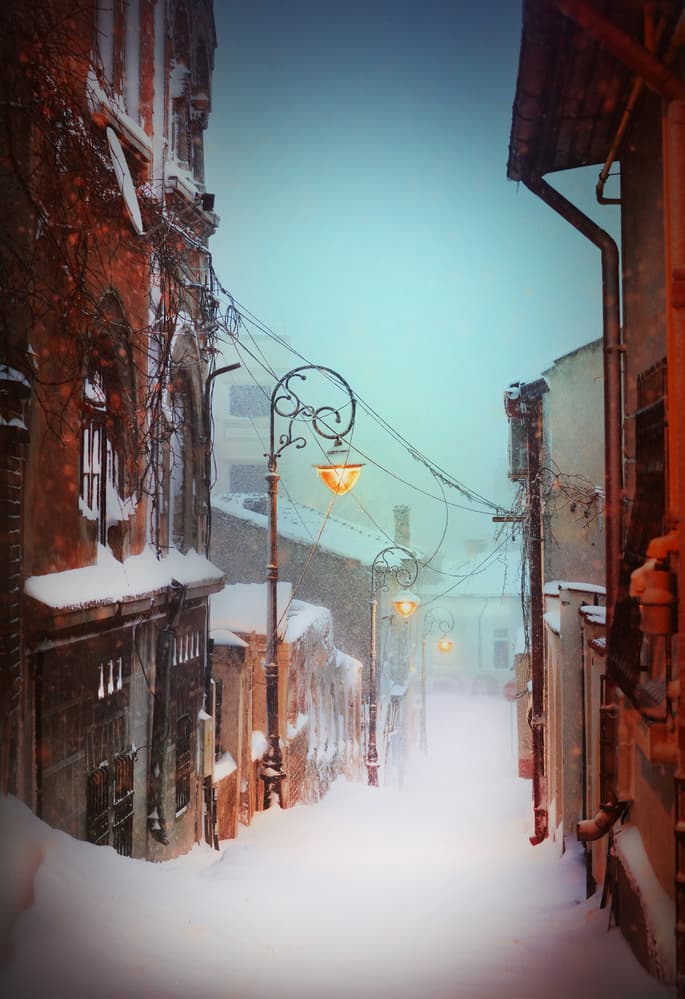 Cozy Winter Streetlights by Elena Raceala — canvas wall art