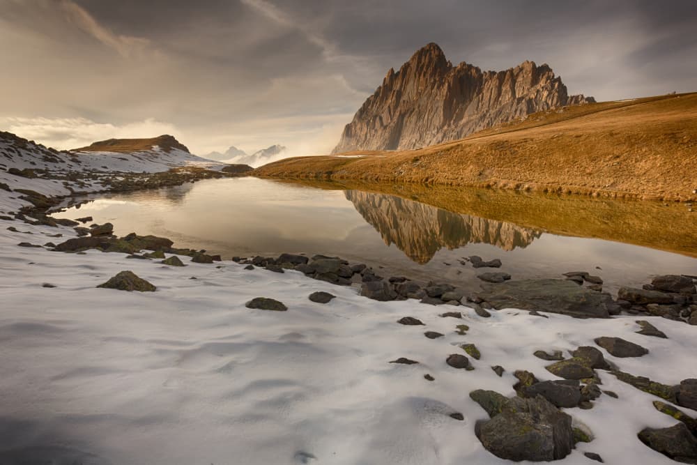 Golden Hour Mountain Reflection by Paolo Bolla — canvas wall art