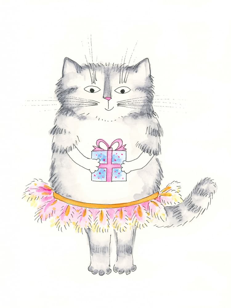 Charming Cat In A Tutu Holding A Gift by Isabelle Brent — canvas wall art