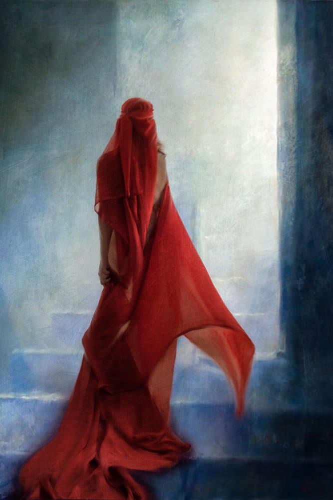 Red Veil Blue Stairs by Charlaine Gerber — canvas wall art