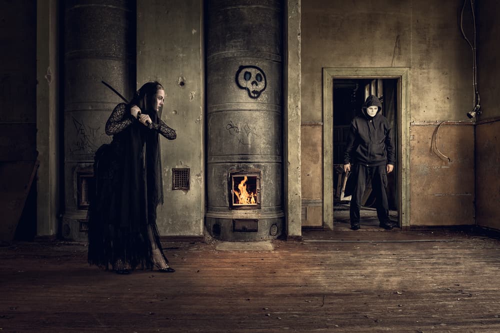 Sword Woman Masked Man by Petri Damstén — canvas wall art