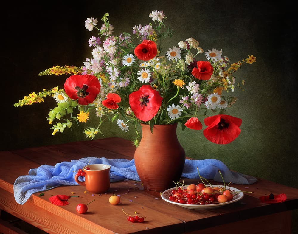 Fresh Poppies and Cherries by Tatyana Skorokhod — canvas wall art