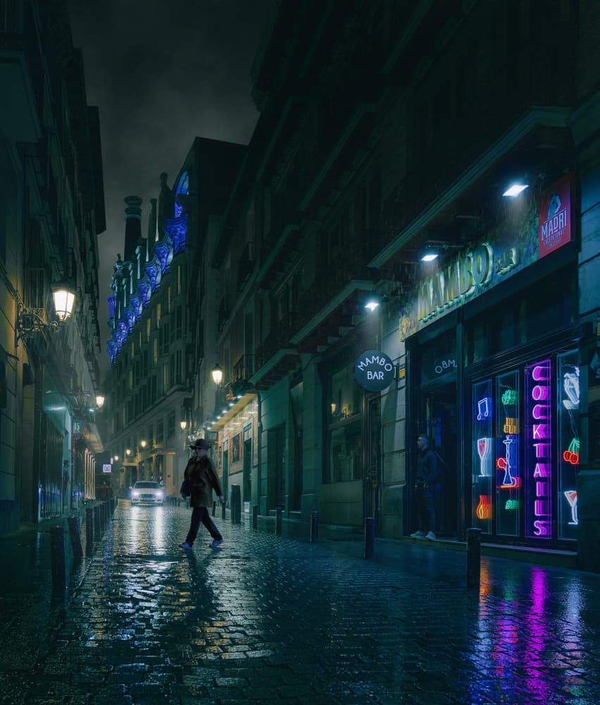Rainy City Neon Night by Enrique Rodriguez de Mingo — canvas wall art