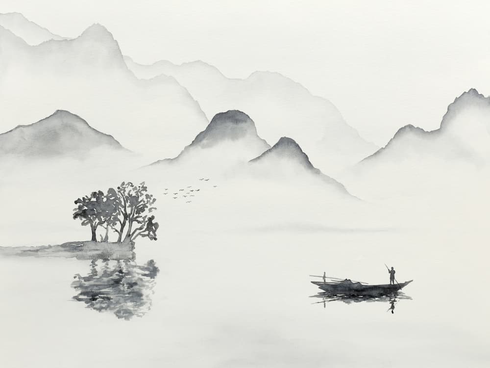 Serene Mountain Lake Boat by Natalie Bruns — canvas wall art