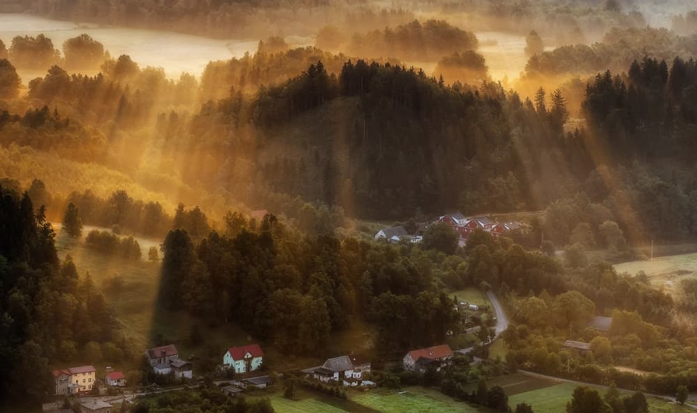 Sunrise Over Misty Village by Piotr Krol (Bax) — canvas wall art